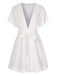 White 1950s Deep V-Neck Textured Belted Romper