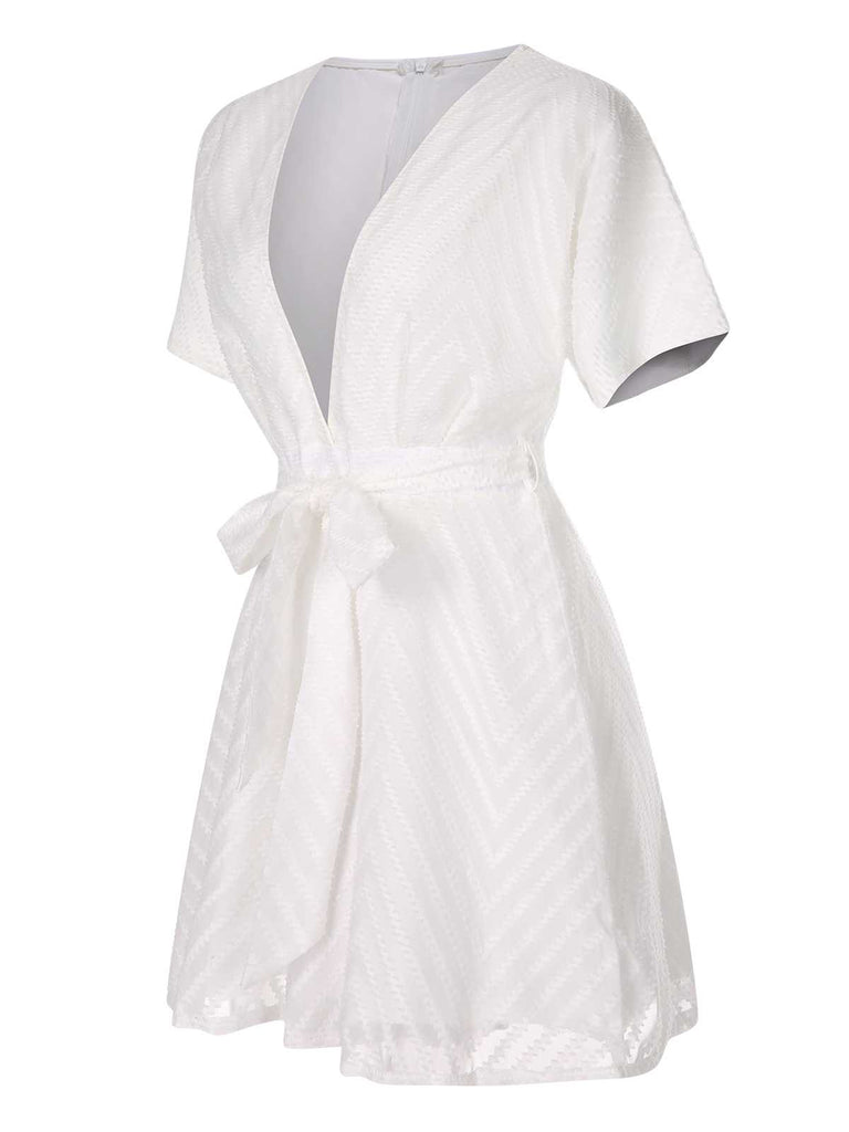 White 1950s Deep V-Neck Textured Belted Romper