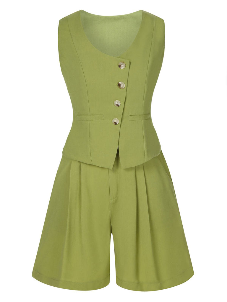 2PCS Light Green 1950s Solid Top & Shorts