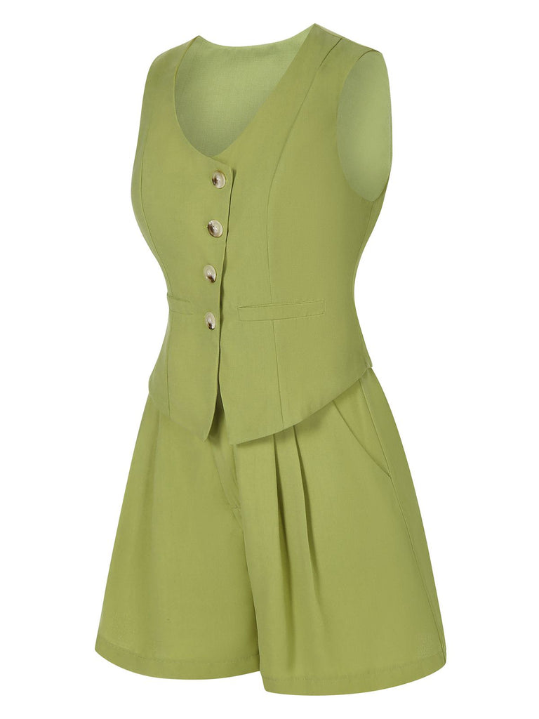 2PCS Light Green 1950s Solid Top & Shorts