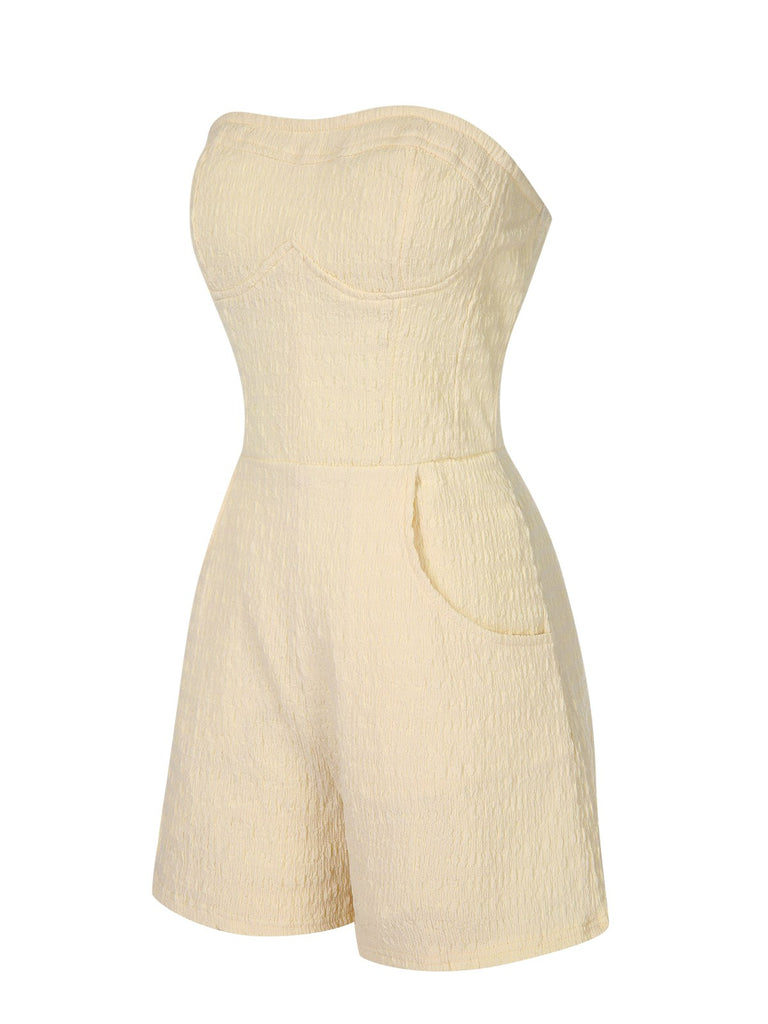 Beige 1950s Solid Pocket Bandeau Romper