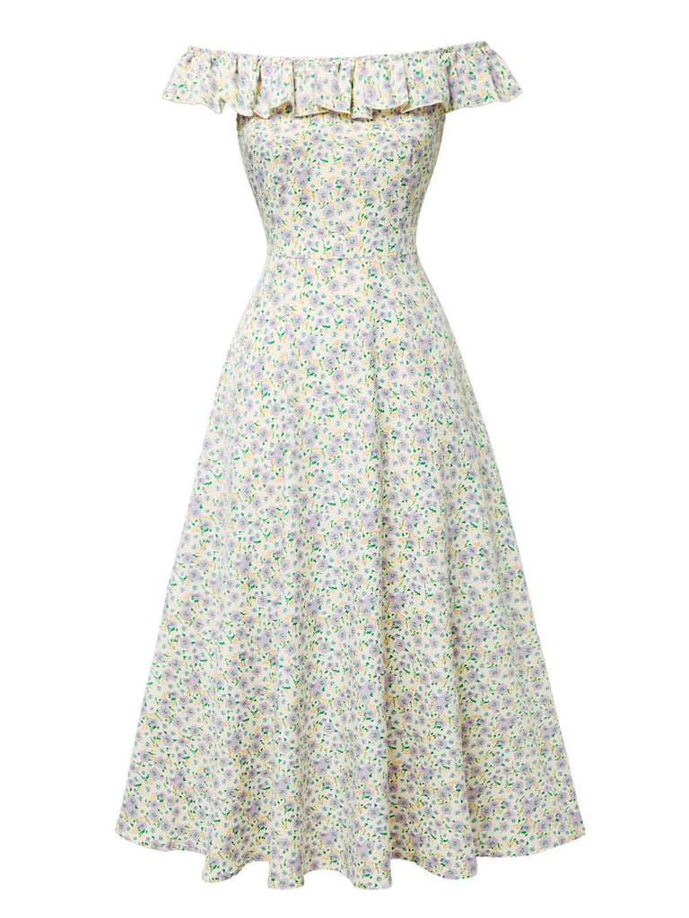 [Pre-Sale] Multicolor 1930s Ruffled Off-Shoulder Ditsy Floral Dress