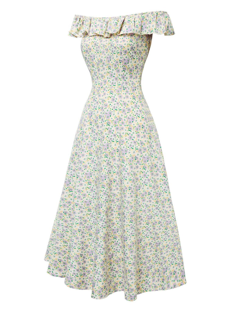 Multicolor 1930s Ruffled Off-Shoulder Ditsy Floral Dress