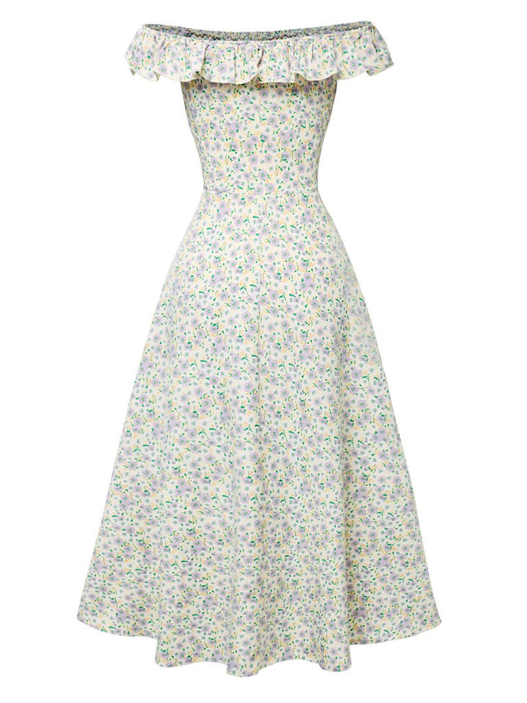 [Pre-Sale] Multicolor 1930s Ruffled Off-Shoulder Ditsy Floral Dress