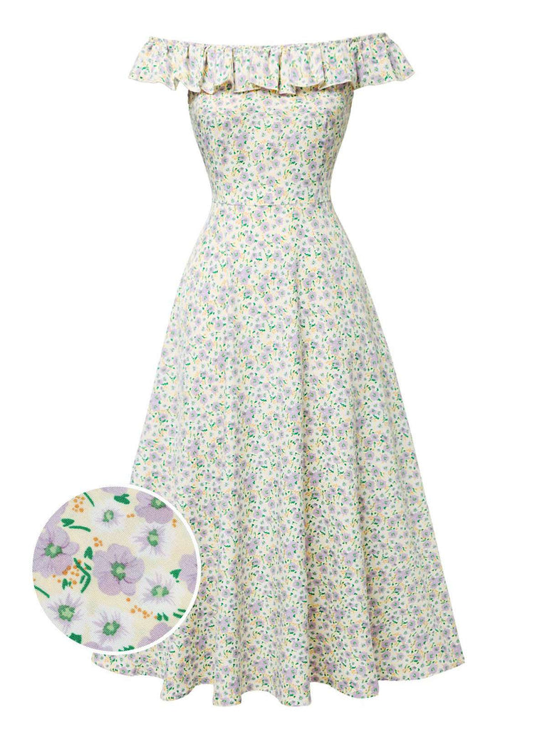 [Pre-Sale] Multicolor 1930s Ruffled Off-Shoulder Ditsy Floral Dress