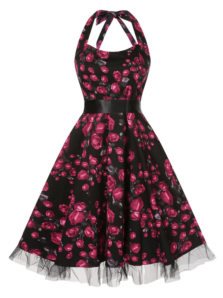 Red 1950s Floral Halter Lace Swing Dress