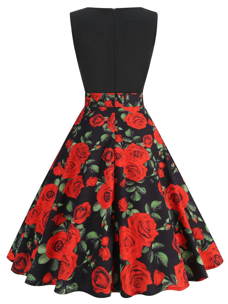 Red 1950s Roses Patchwork Swing Dress