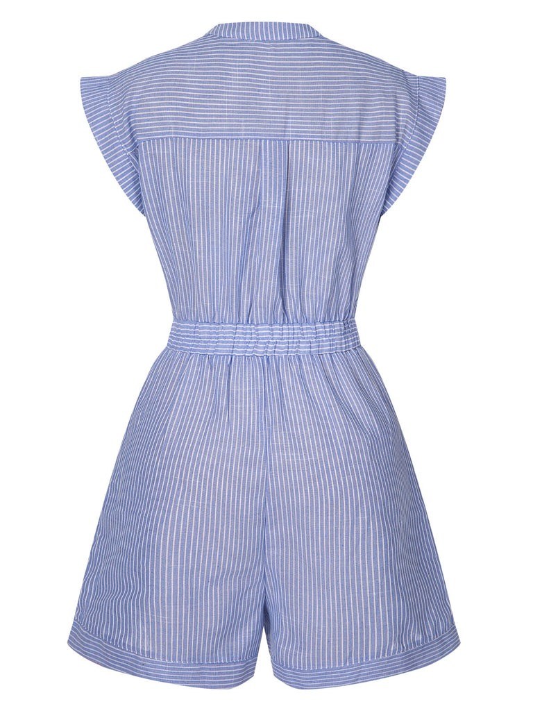 Blue 1950s Striped Belt Pocket Romper