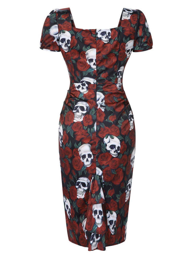 [Pre-Sale] Red 1960s Rose Skull Sqaure Neck Pencil Dress