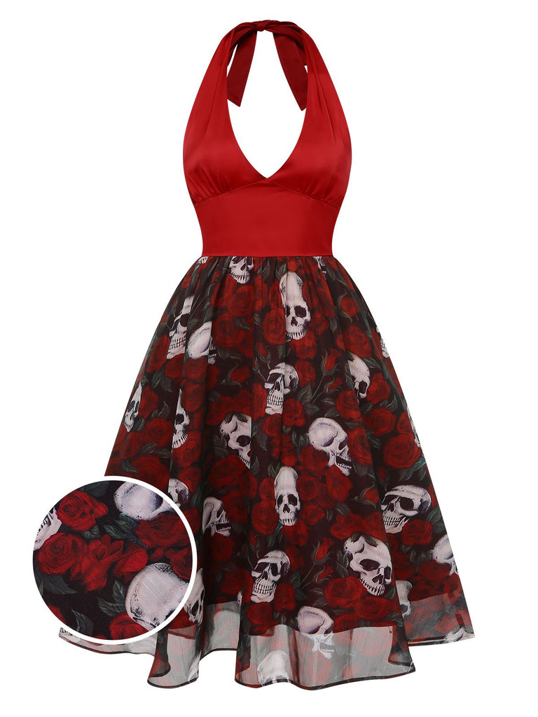 [Pre-Sale] Wine Red 1950s Halter Haloween Roses Skeleton Mesh Dress