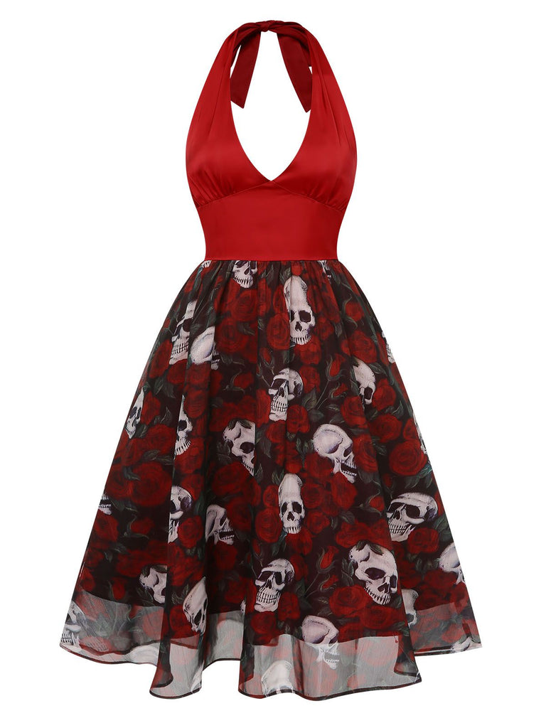 [Pre-Sale] Wine Red 1950s Halter Haloween Roses Skeleton Mesh Dress