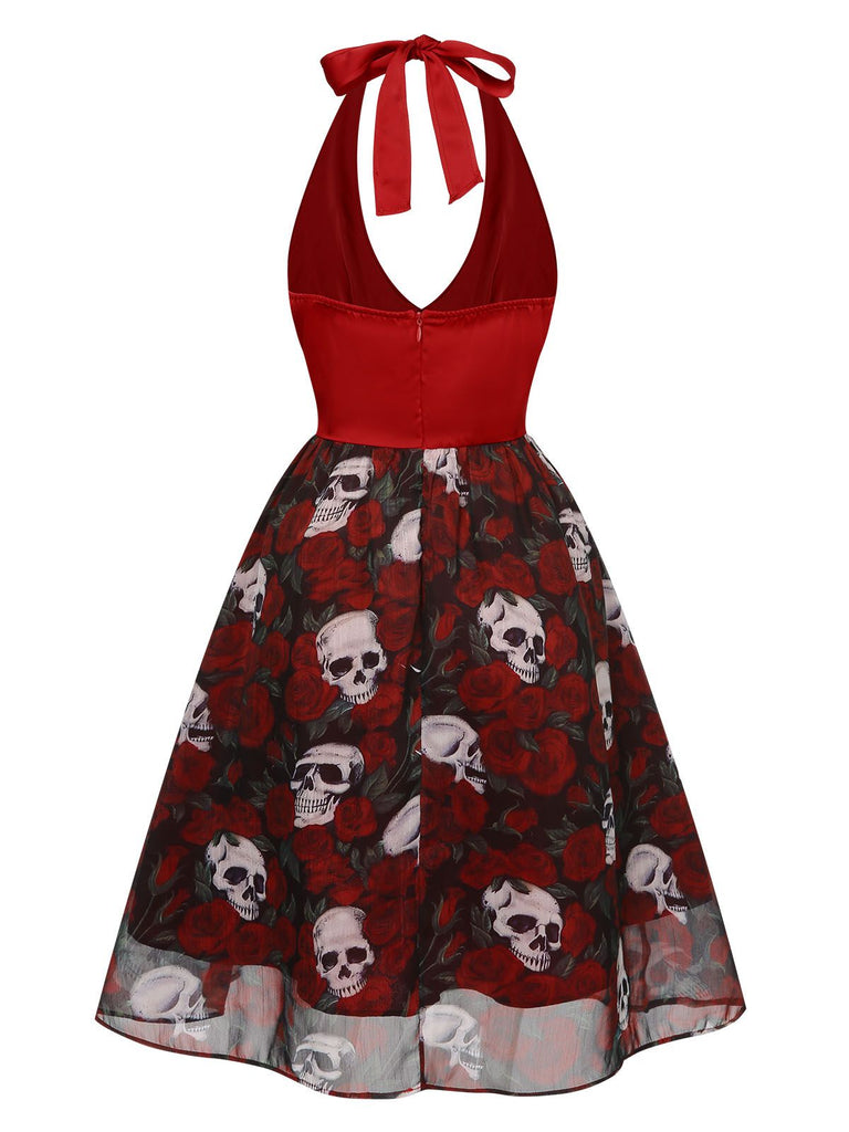 [Pre-Sale] Wine Red 1950s Halter Haloween Roses Skeleton Mesh Dress