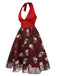 [Pre-Sale] Wine Red 1950s Halter Haloween Roses Skeleton Mesh Dress