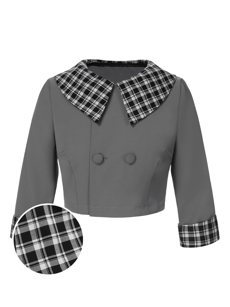 [Pre- Sale] Dark Gray 1950s Lapel Rolled Sleeve Plaid Short Coat