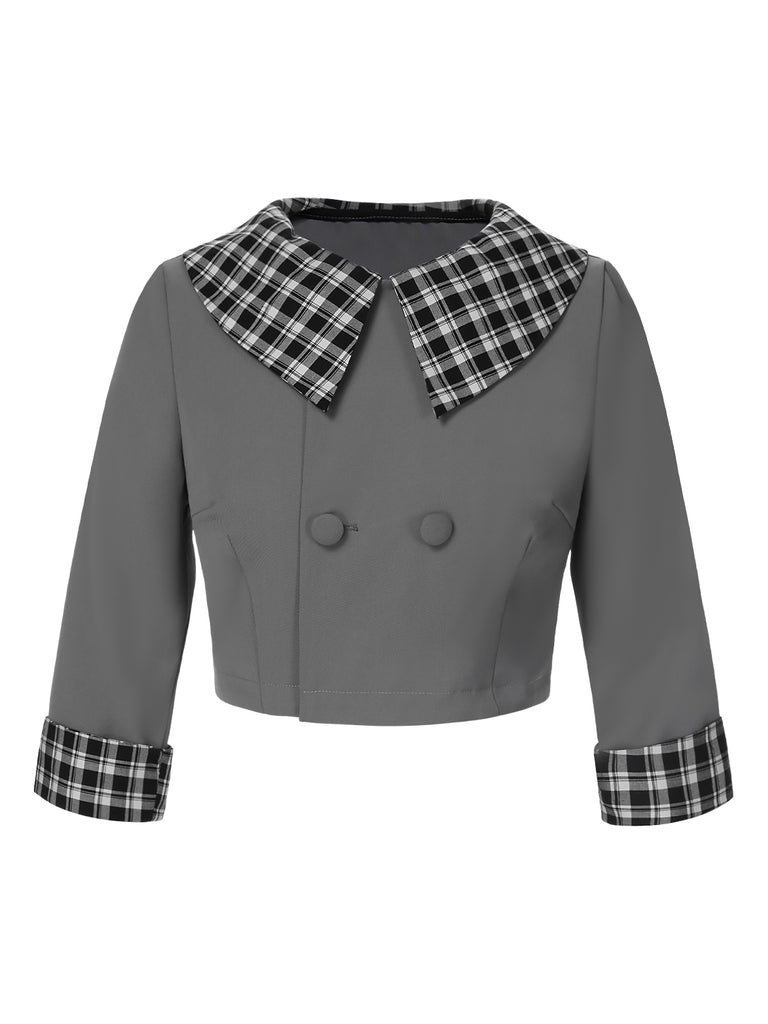 [Pre- Sale] Dark Gray 1950s Lapel Rolled Sleeve Plaid Short Coat