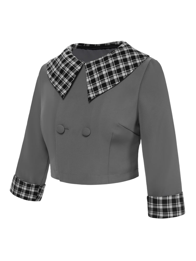 [Pre- Sale] Dark Gray 1950s Lapel Rolled Sleeve Plaid Short Coat