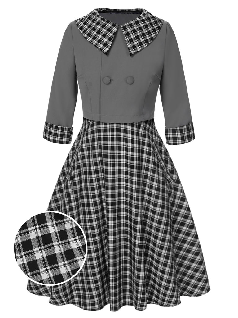 2PCS 1950s Lapel Rolled Sleeve Plaids Coat & Strap Dress