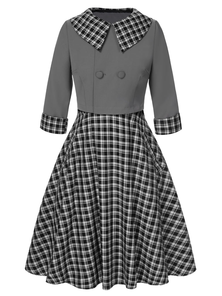 2PCS 1950s Lapel Rolled Sleeve Plaids Coat & Strap Dress