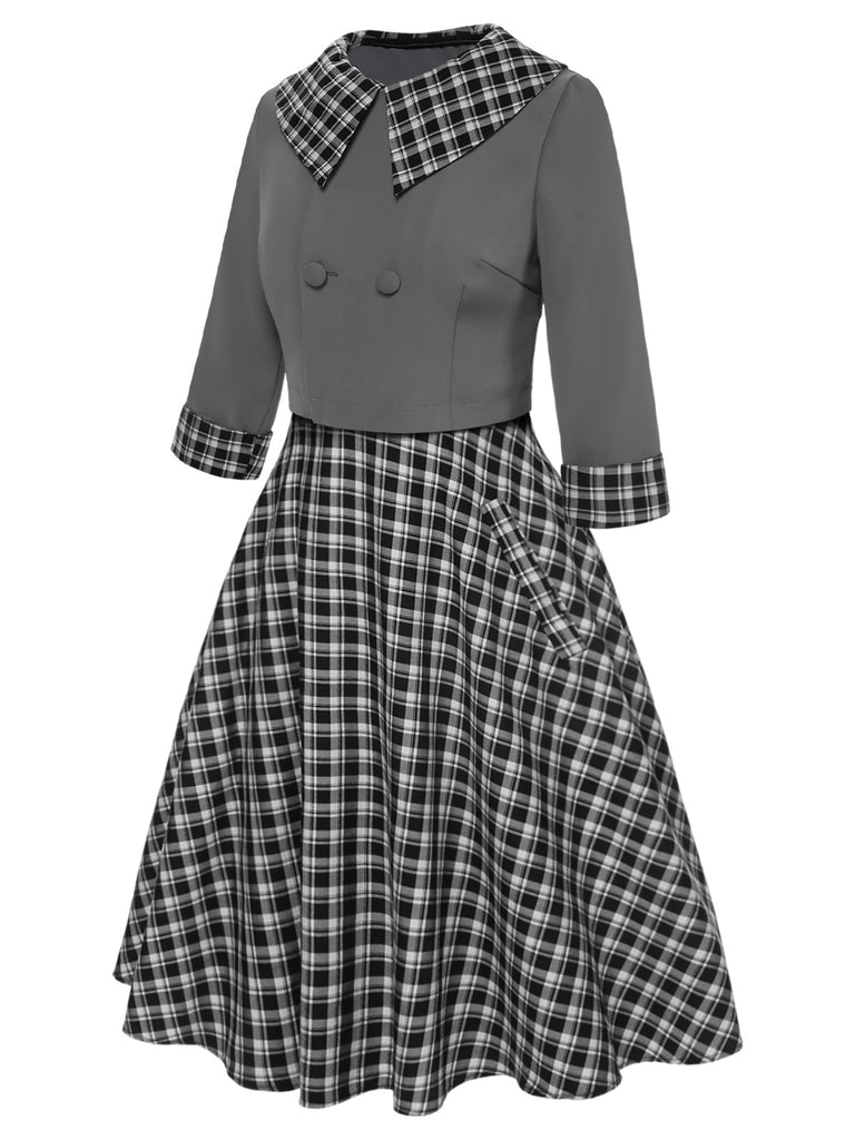 2PCS 1950s Lapel Rolled Sleeve Plaids Coat & Strap Dress