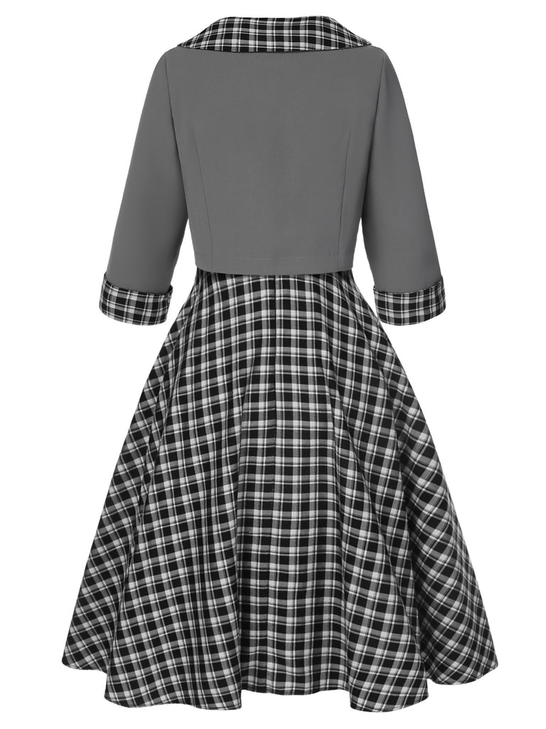 [Pre-Sale] 2PCS 1950s Lapel Rolled Sleeve Plaids Coat & Strap Dress