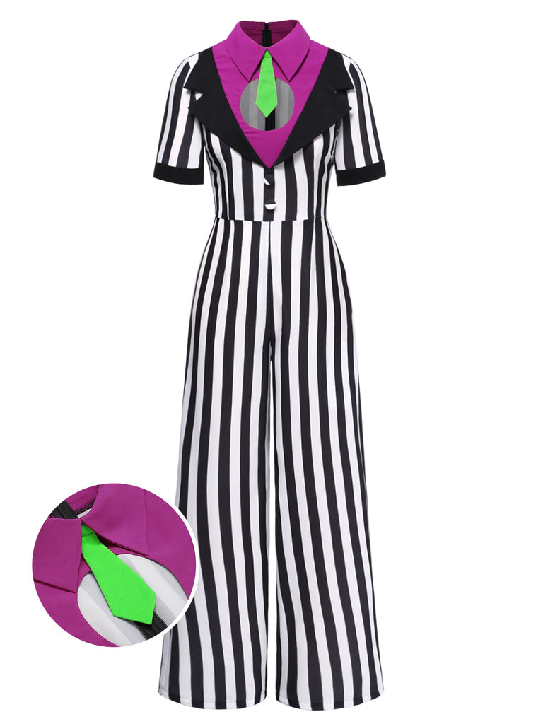 Black&White 1980s Striped Contrast Jumpsuit