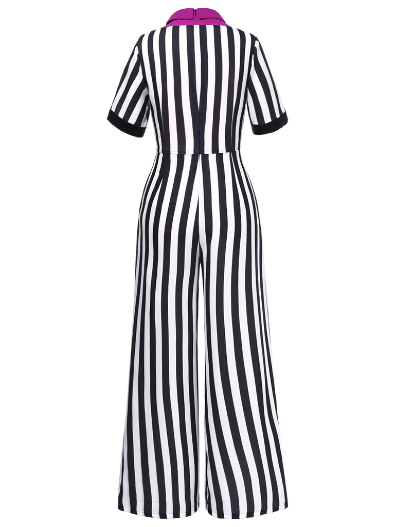 [Pre-Sale] Black&White 1980s Striped Contrast Jumpsuit