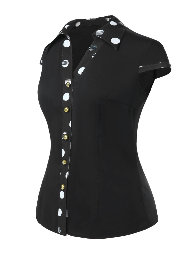 [Pre-Sale] Black 1940s Polka Dots Patchwork Lapel Shirt