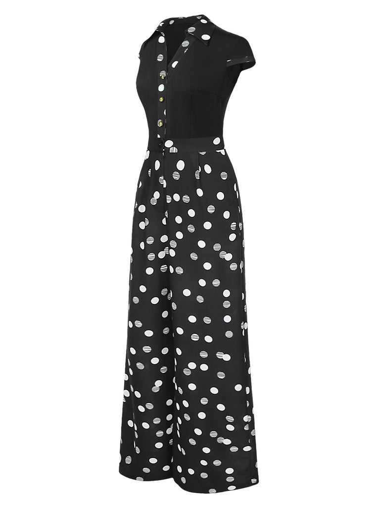 [Pre-Sale] 2PCS 1940s Black Polka Dots Lapel Shirt & Wide Leg Pants