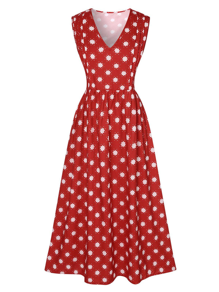 Red 1940s Floral V-Neck Sleeveless Dress