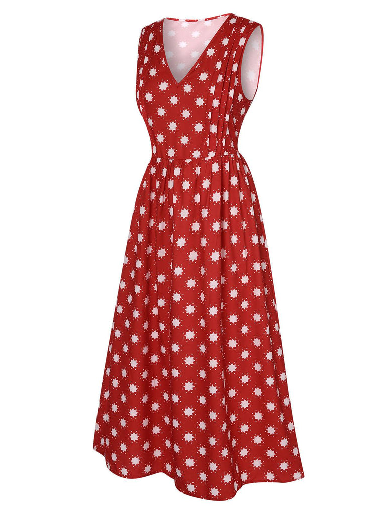 Red 1940s Floral V-Neck Sleeveless Dress