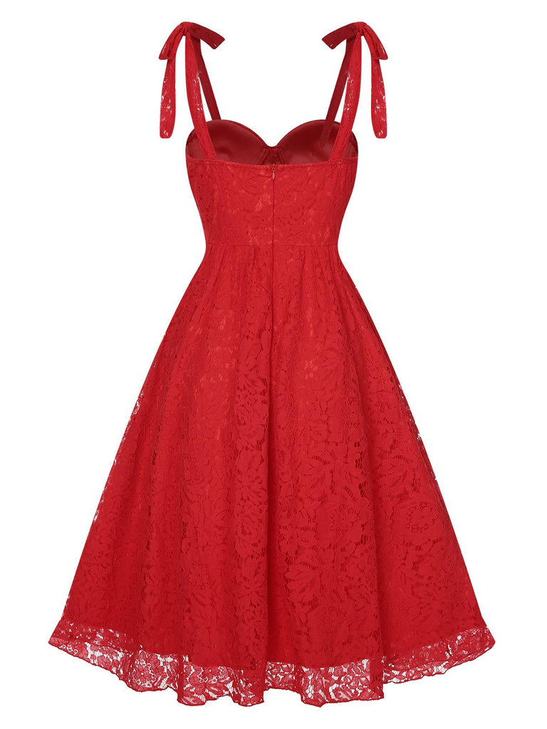 Red 1950s Shoulder Straps Lace Swing Dress