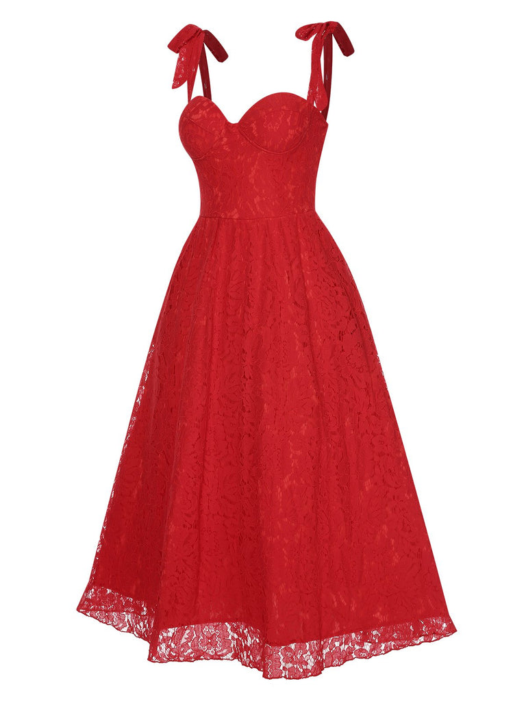 Red 1950s Shoulder Straps Lace Swing Dress