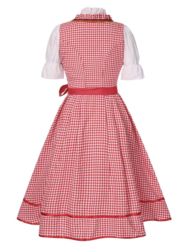 2PCS 1950s Oktoberfest White Top & Red Plaid Dress & Red Apron