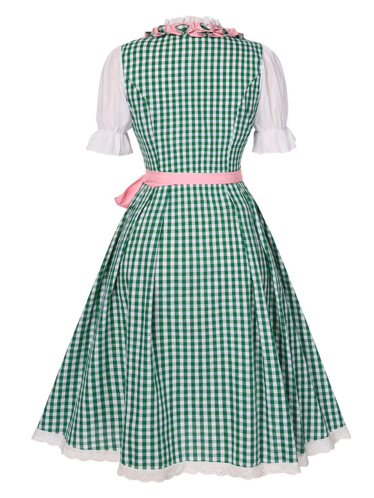 2PCS 1950s Oktoberfest White Top & Green Plaid Dress & Pink Apron