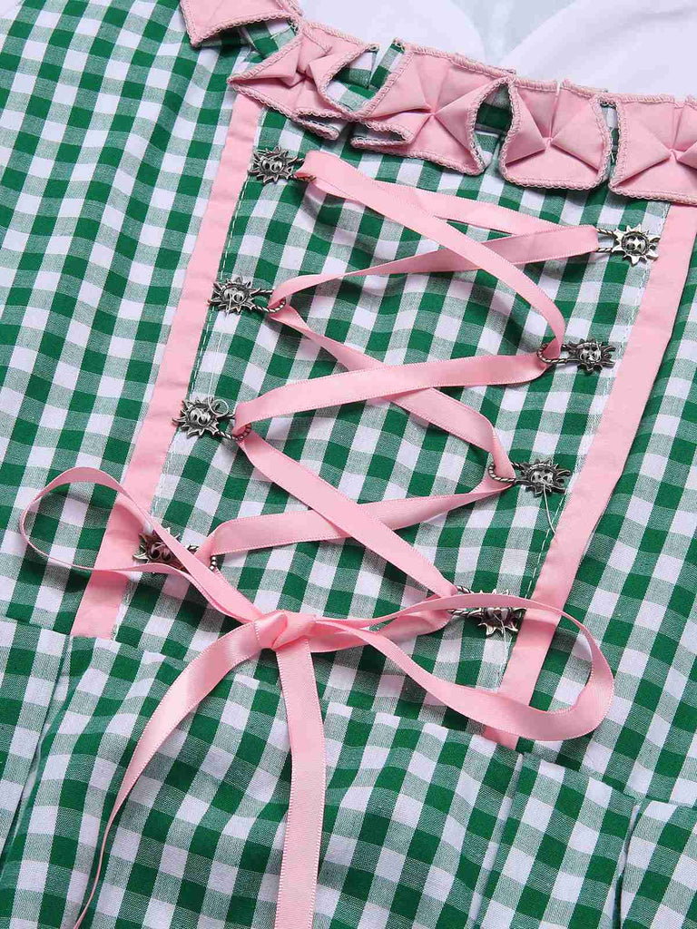 2PCS 1950s Oktoberfest White Top & Green Plaid Dress & Pink Apron