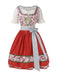 2PCS 1950s Oktoberfest White Top & Rose Dress & Red Apron