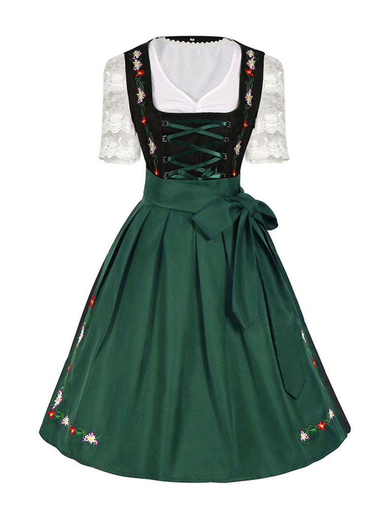 2PCS 1950s Oktoberfest White Top & Black Dress & Green Apron