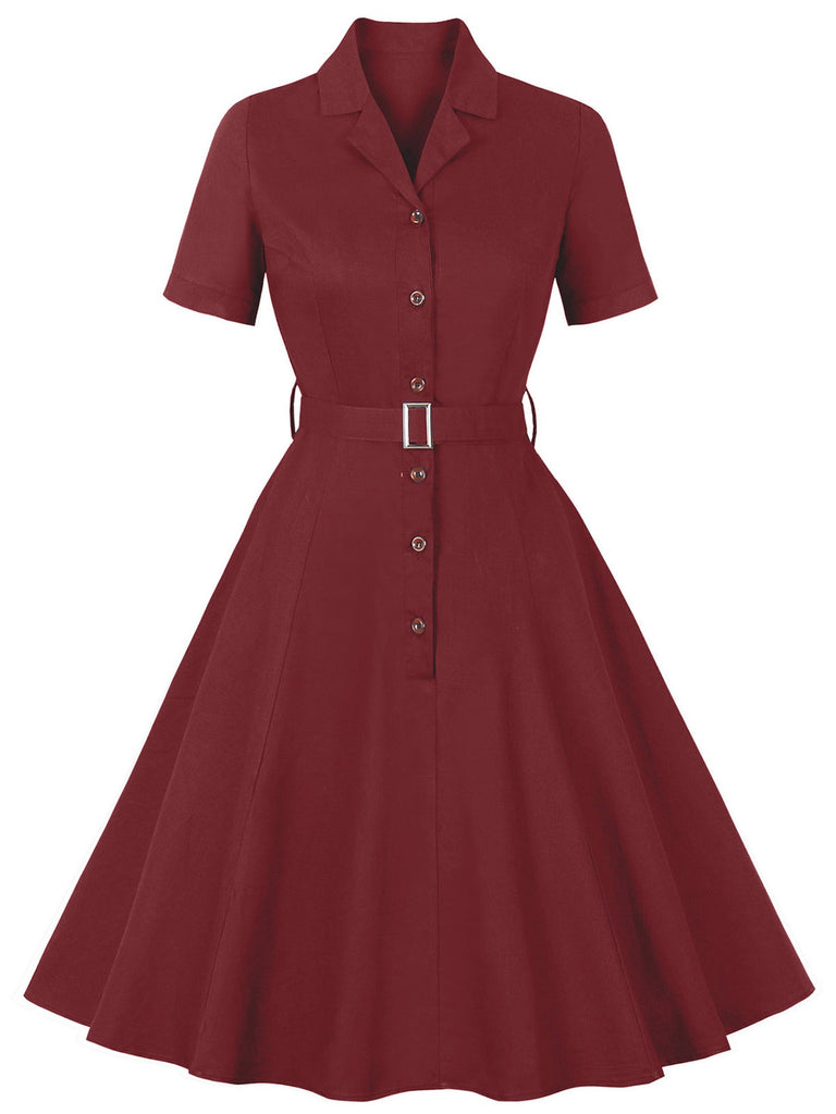 Wine Red 1950s Solid Lapel Belted Dress