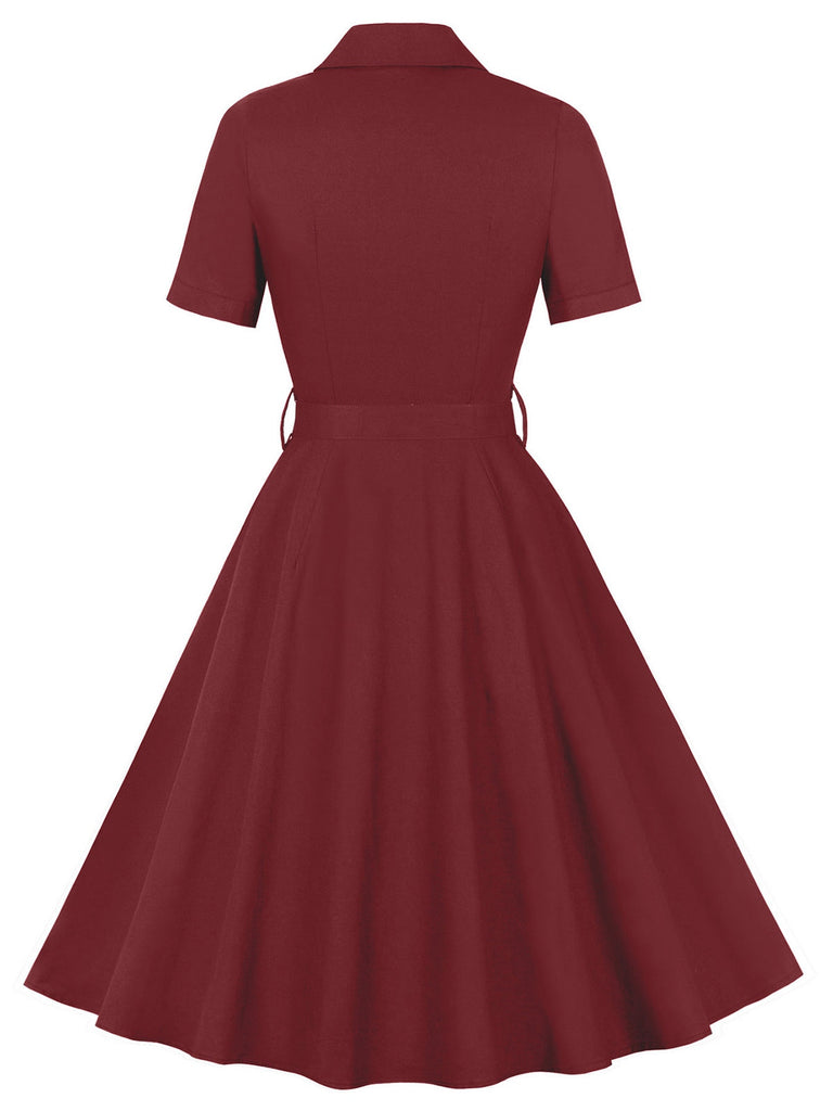 Wine Red 1950s Solid Lapel Belted Dress