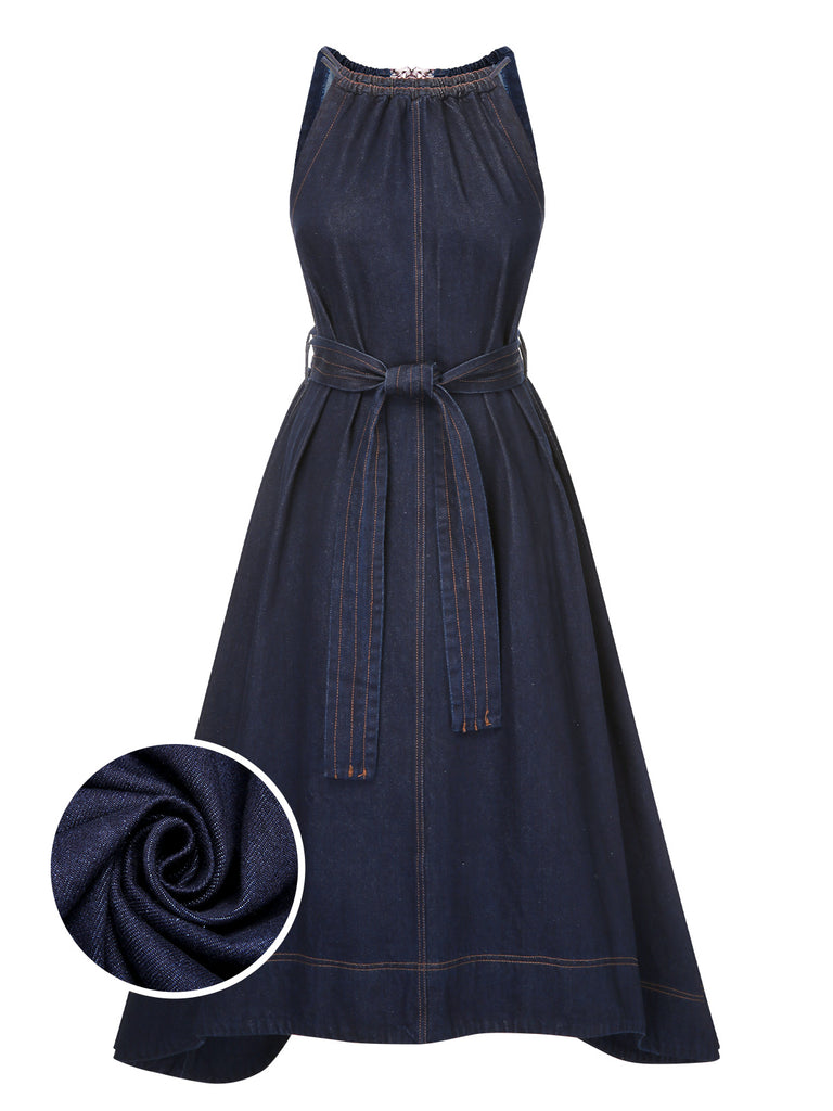 Blue 1940s Denim Tie Back Dress