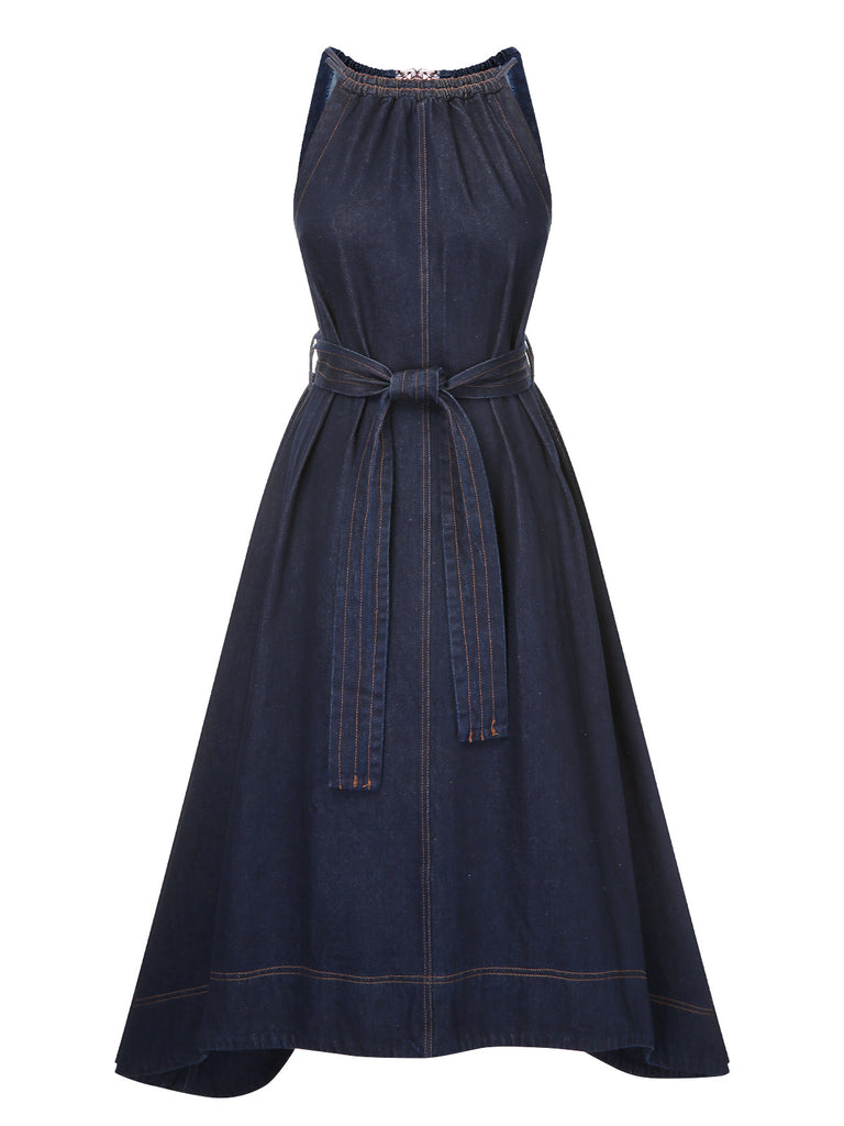 Blue 1940s Denim Tie Back Dress