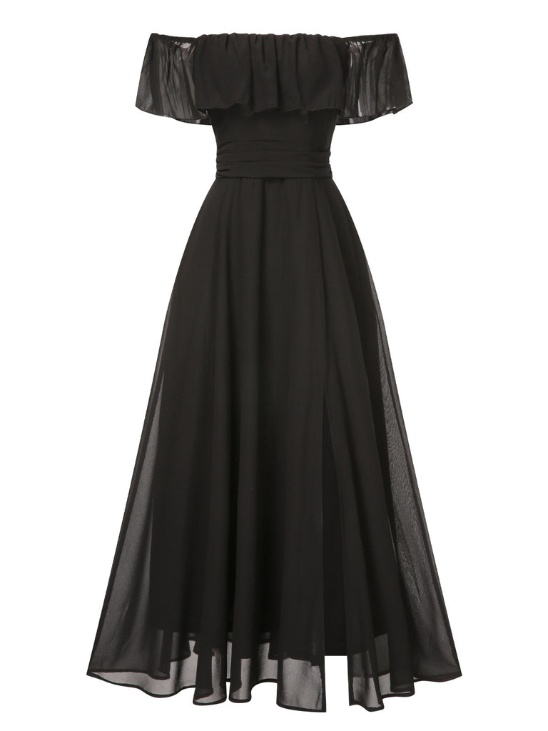 1930s Solid Roll Collar Off Shoulder Slit Dress