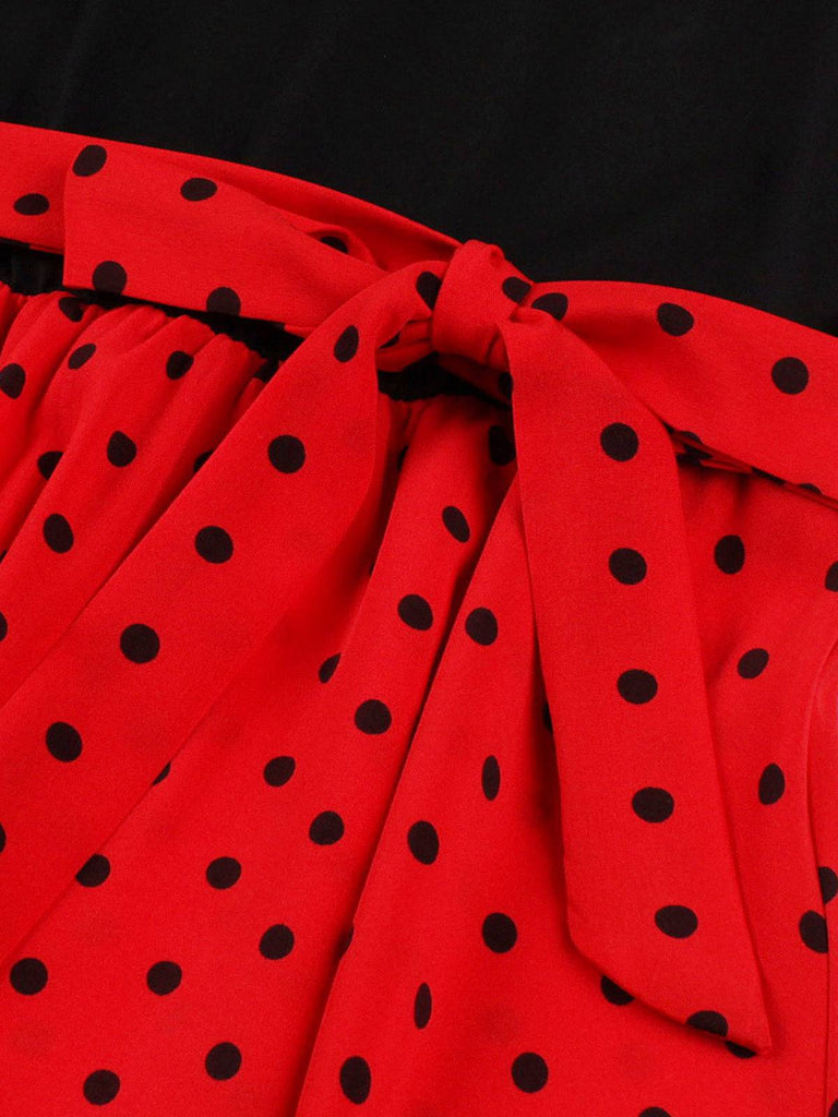 Red 1950s Polka Dot Patchwork Belt Dress