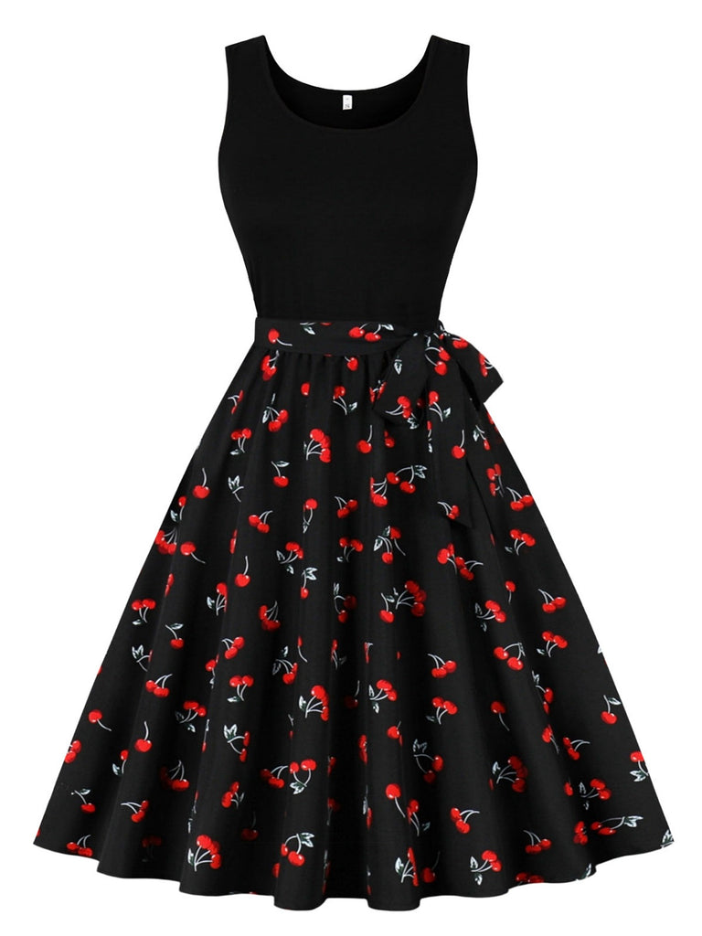 Black 1950s Red Cherry Patchwork Swing Dress