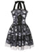 Black 1950s Halloween Skull Lace-Up Halter Dress