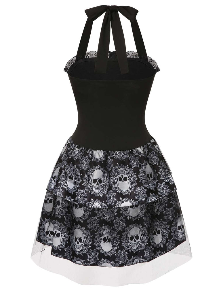 Black 1950s Halloween Skull Lace-Up Halter Dress