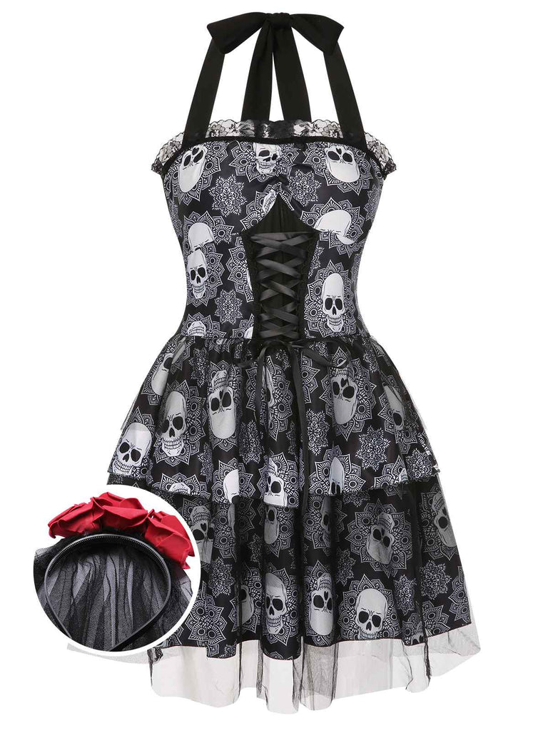 Black 1950s Halloween Skull Lace-Up Halter Dress