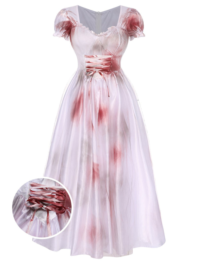 White 1940s Halloween Bloodstains Lace-Up Dress