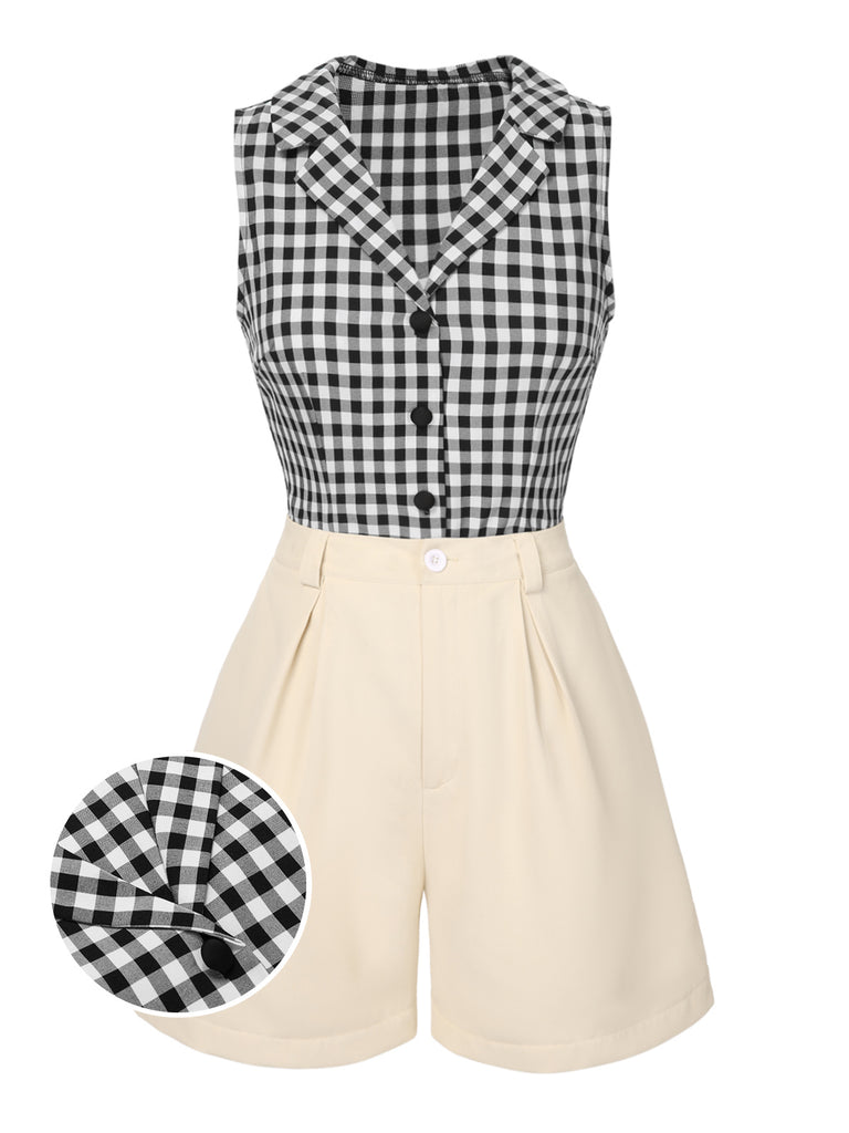 [Pre-Sale] 2PCS 1940s Lapel Gingham Top & Solid Shorts