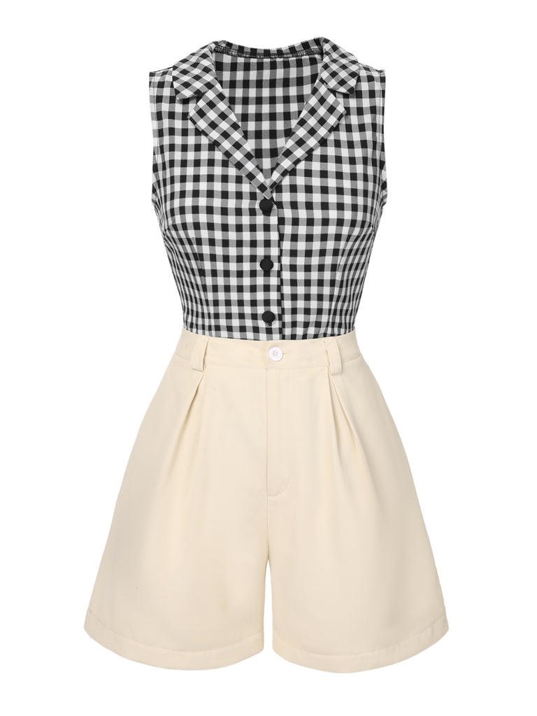 [Pre-Sale] 2PCS 1940s Lapel Gingham Top & Solid Shorts